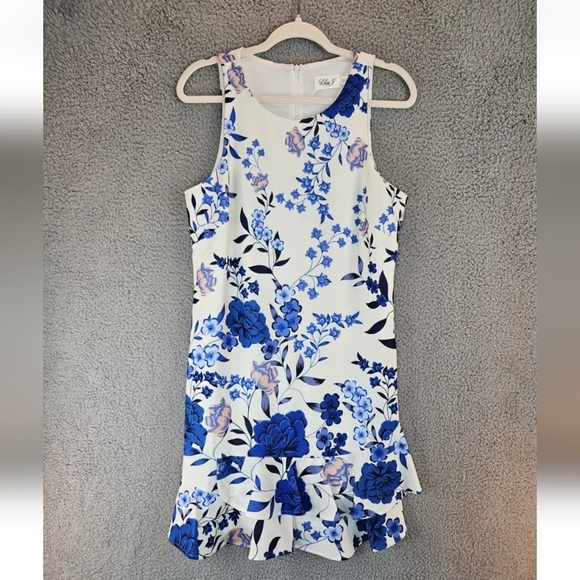 Eliza J Womens A Line Dress sz 12 White Blu Floral Ruffle Hem Church Date Night - Picture 2 of 11